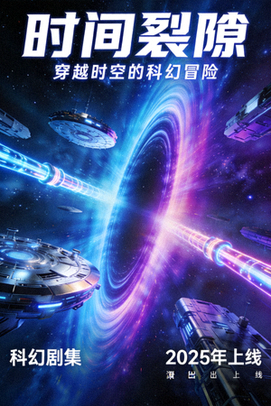 科幻剧集《时间裂隙》宣传海报，展现未来科技场景